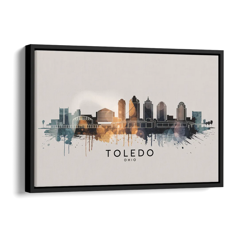 Toledo Skyline Panorama Side - Black Canvas Wall Art