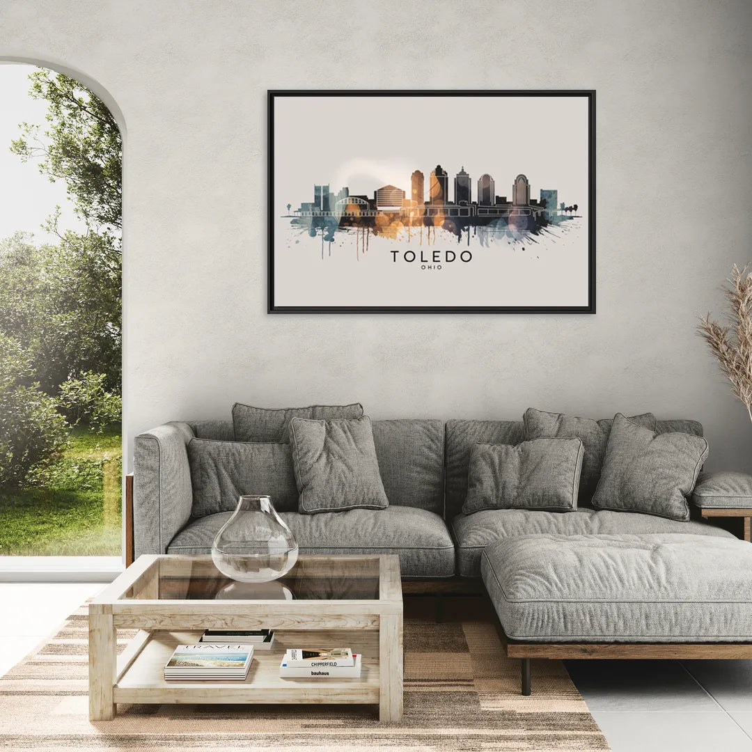 Toledo Skyline Panorama - Living Room Black Frame Canvas