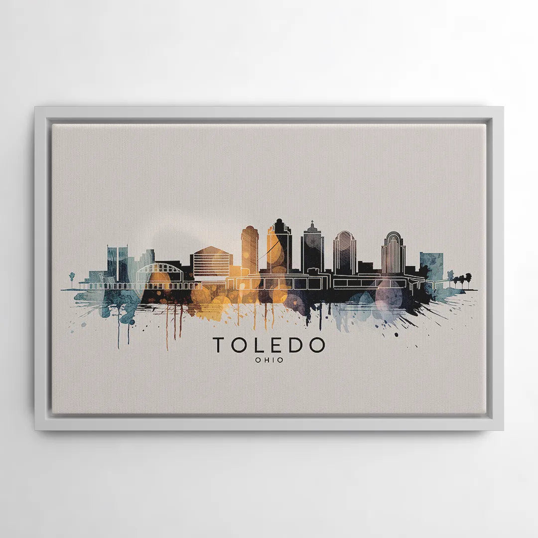 Toledo Skyline Panorama - White Frame Canvas