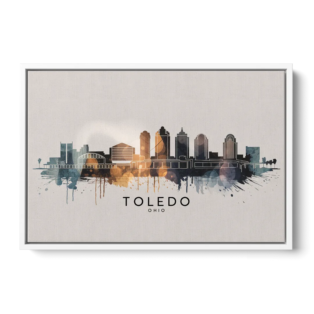Toledo Skyline Panorama Front - White Canvas Wall Art