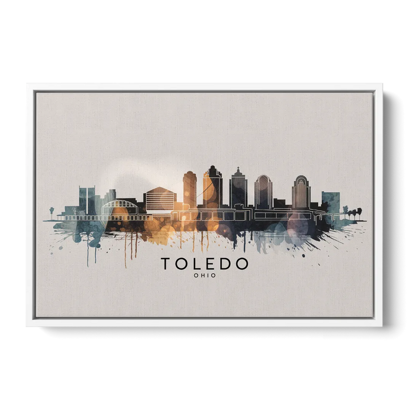 Toledo Skyline Panorama Front - White Canvas Wall Art