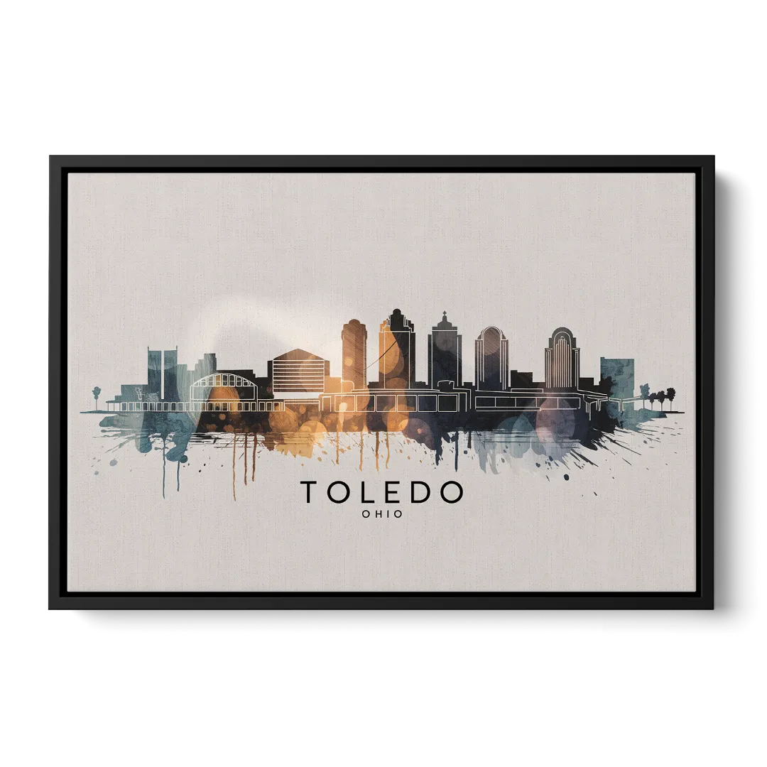Toledo Skyline Panorama Front - Black Canvas Wall Art