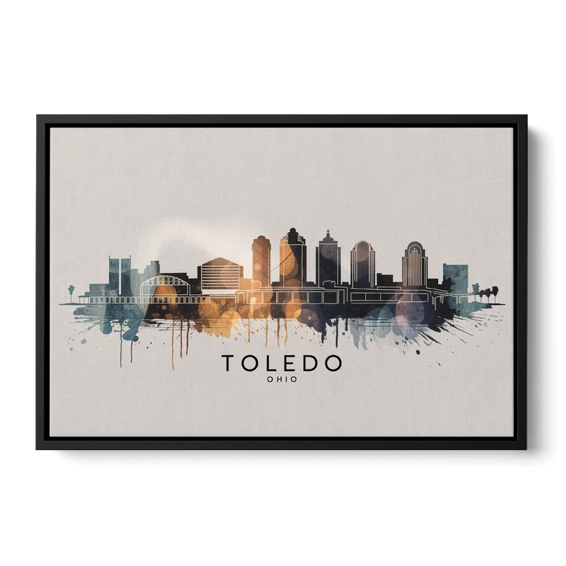 Toledo Skyline Panorama Front - Black Canvas Wall Art
