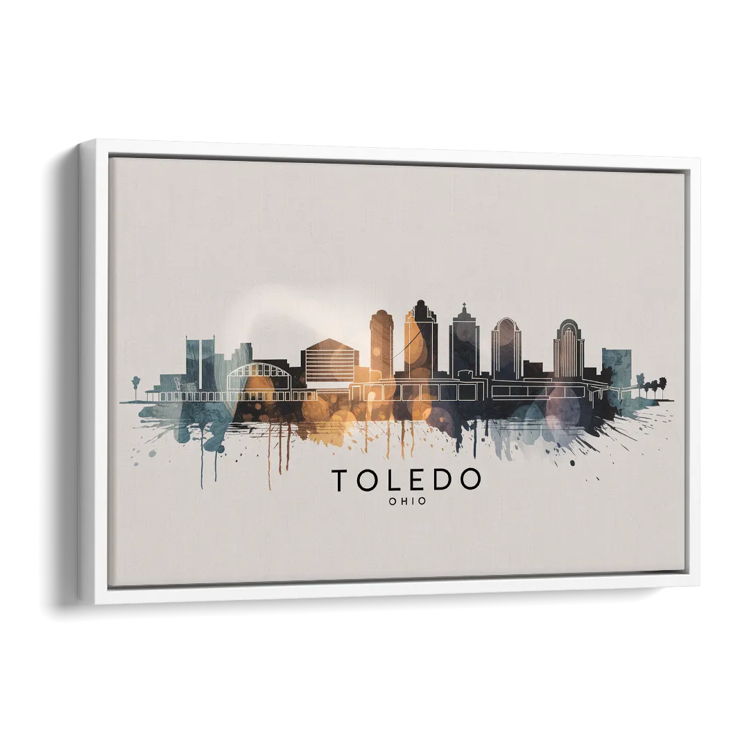 Toledo Skyline Panorama Side - White Canvas Wall Art