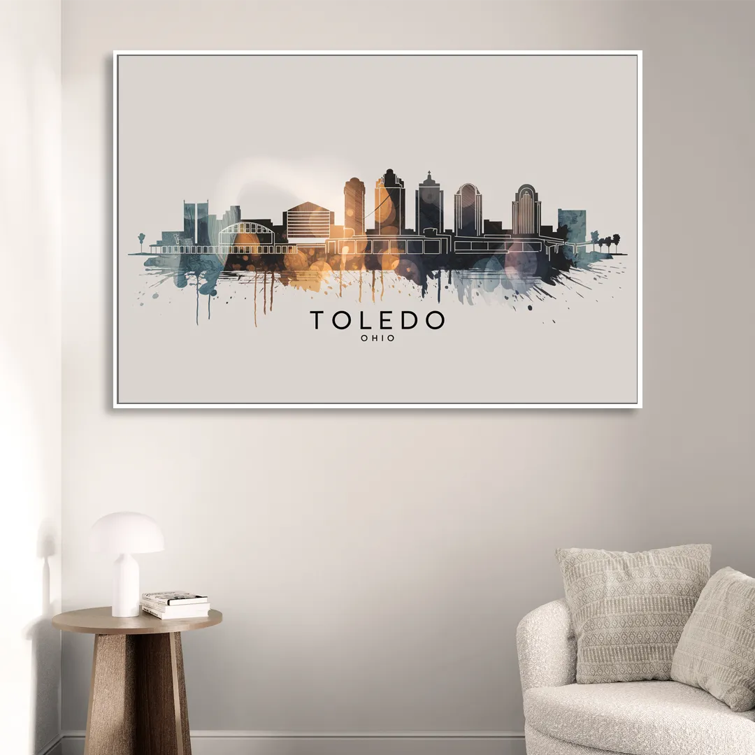 Toledo Skyline Panorama Living Room - White Canvas Wall Art