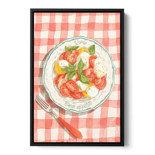 Tomato Painting of a Caprese Salad - Black Framed Canvas Wall Art - Front