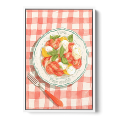 Tomato Painting of a Caprese Salad - White Framed Canvas Wall Art - Front
