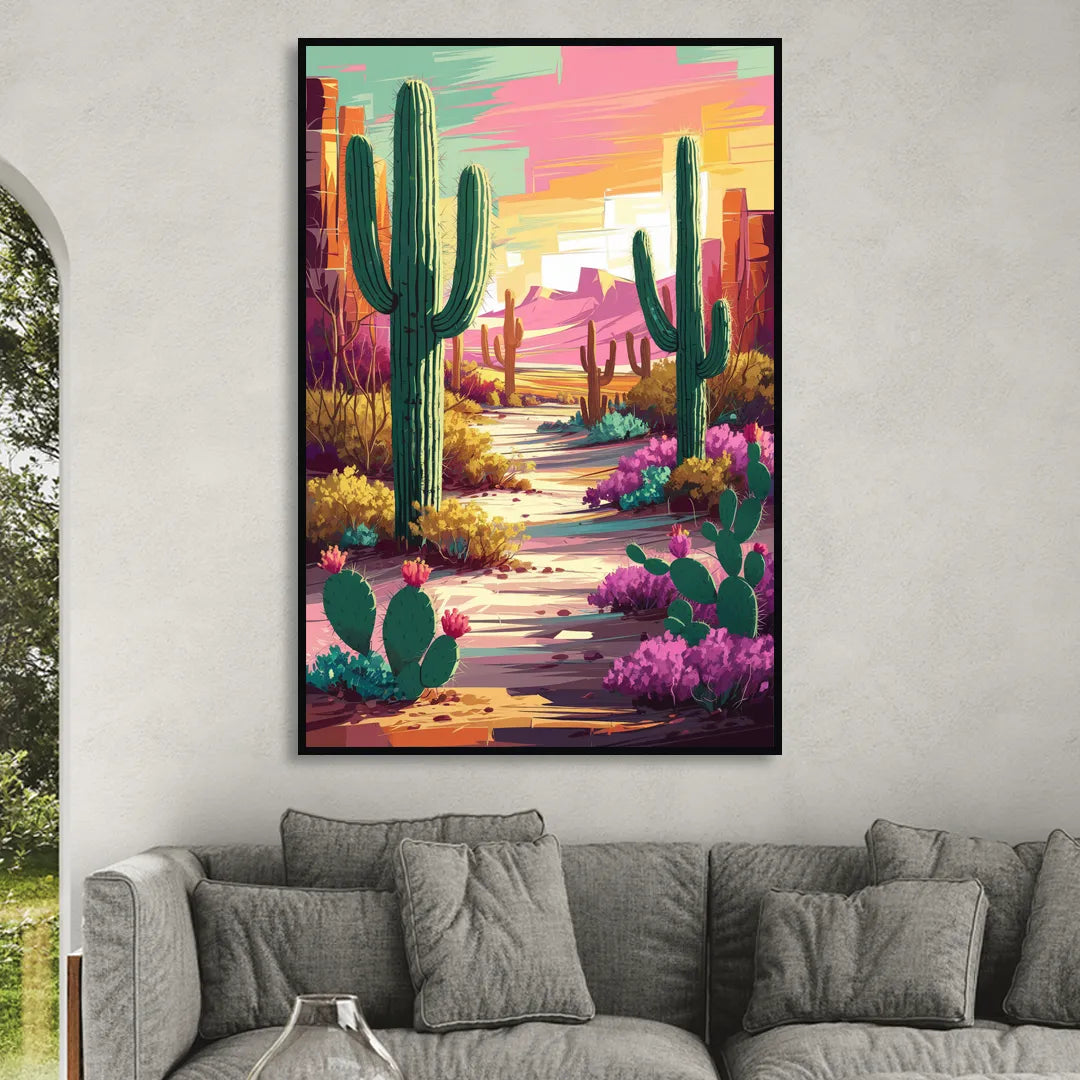 Tombstone Cactus Landscape Living Room - Black Canvas Wall Art