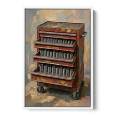 Toolbox Painting with Three Open Drawers - White Framed Canvas Wall Art - Front