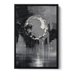 Torn Grey Circle Over Black Drips - Black Framed Canvas Wall Art - Front