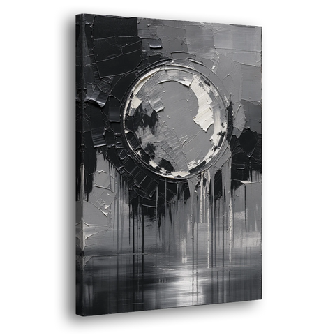 Torn Grey Circle Over Black Drips - Canvas Wall Art - Side