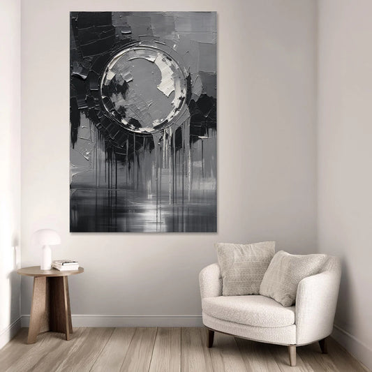 Torn Grey Circle Over Black Drips - Canvas Wall Art - Sofa - 40x60
