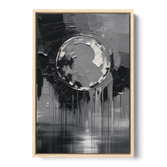 Torn Grey Circle Over Black Drips - Oak Framed Canvas Wall Art - Front