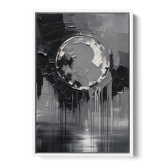 Torn Grey Circle Over Black Drips - White Framed Canvas Wall Art - Front