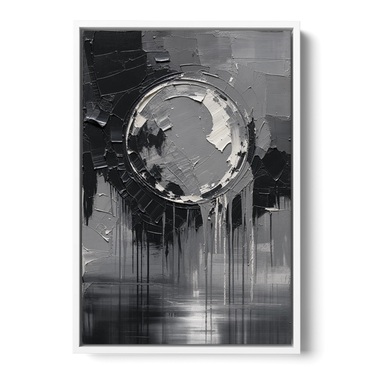 Torn Grey Circle Over Black Drips - White Framed Canvas Wall Art - Front