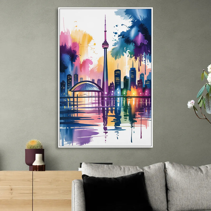 Toronto City Lights Living Room - White Canvas Wall Art