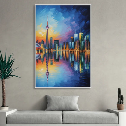 Toronto Downtown Nightscape Living Room - White Canvas Wall Art