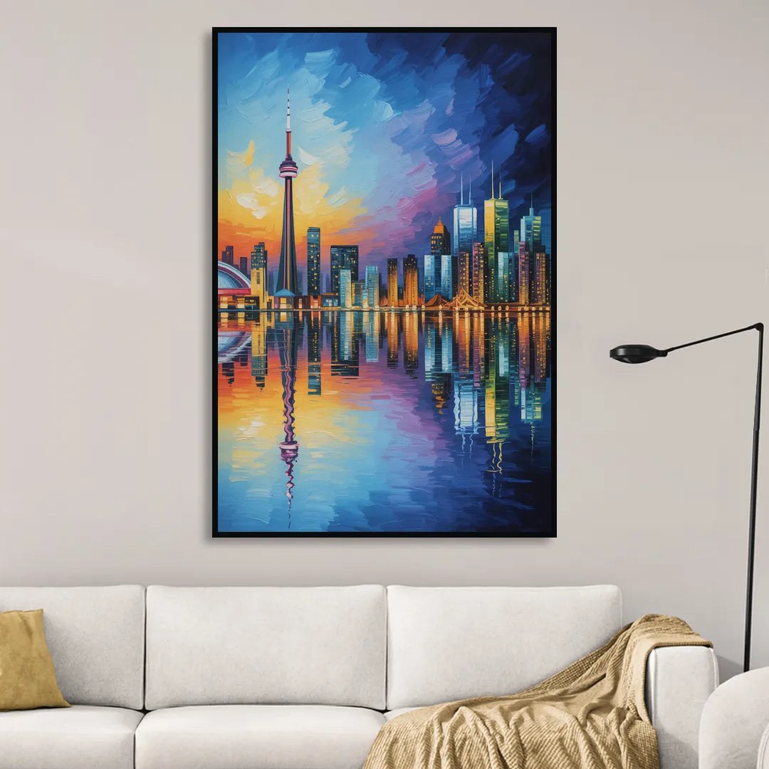 Toronto Downtown Nightscape Living Room - Black Canvas Wall Art