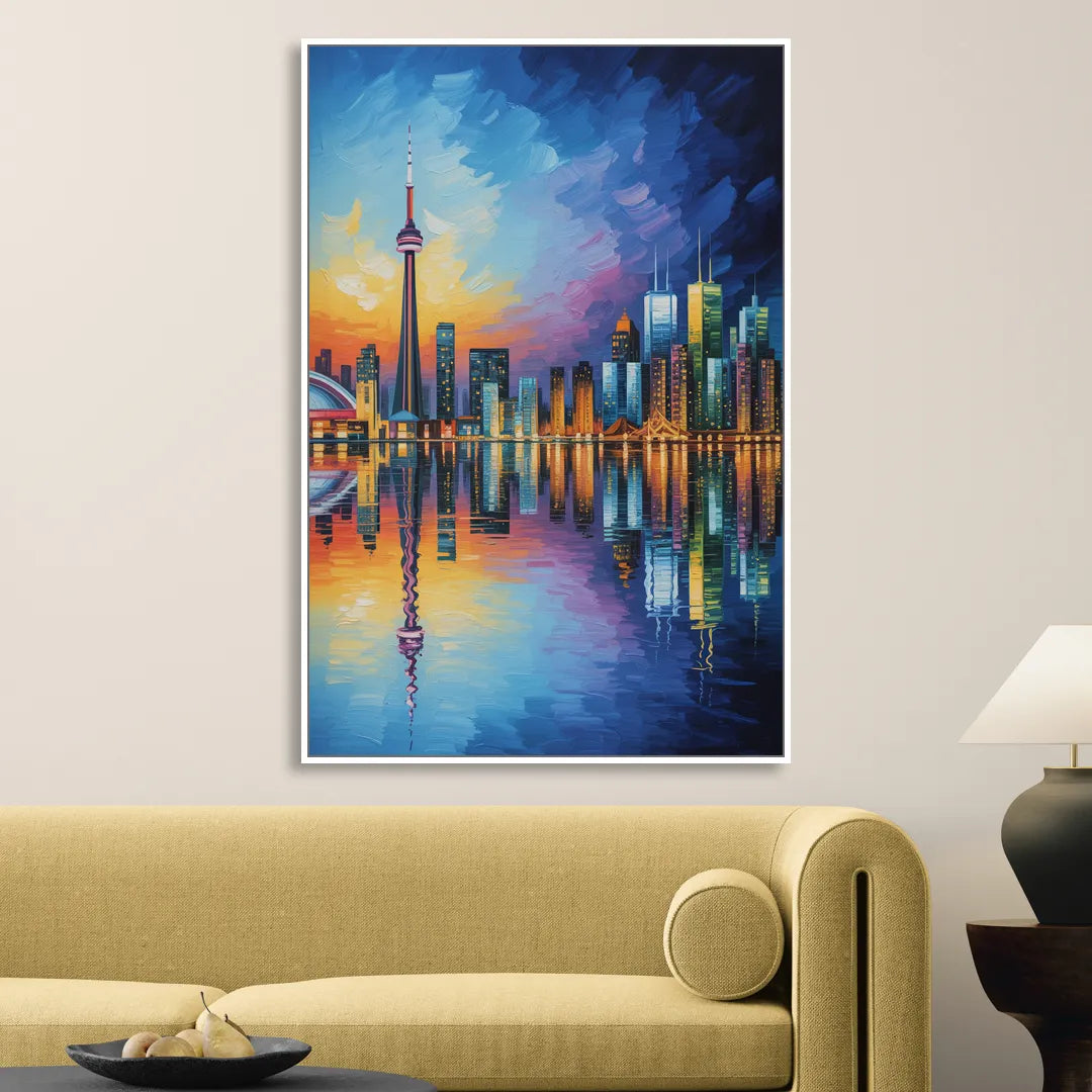 Toronto Downtown Nightscape Sitting Room - White Canvas Wall Art
