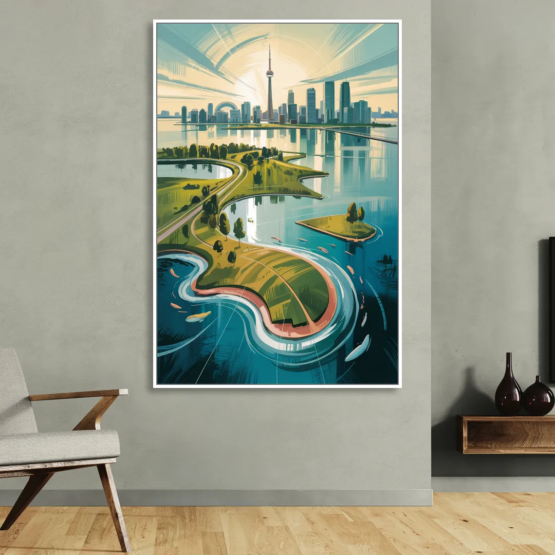 Toronto Island Aerial View Living Room - White Canvas Wall Art