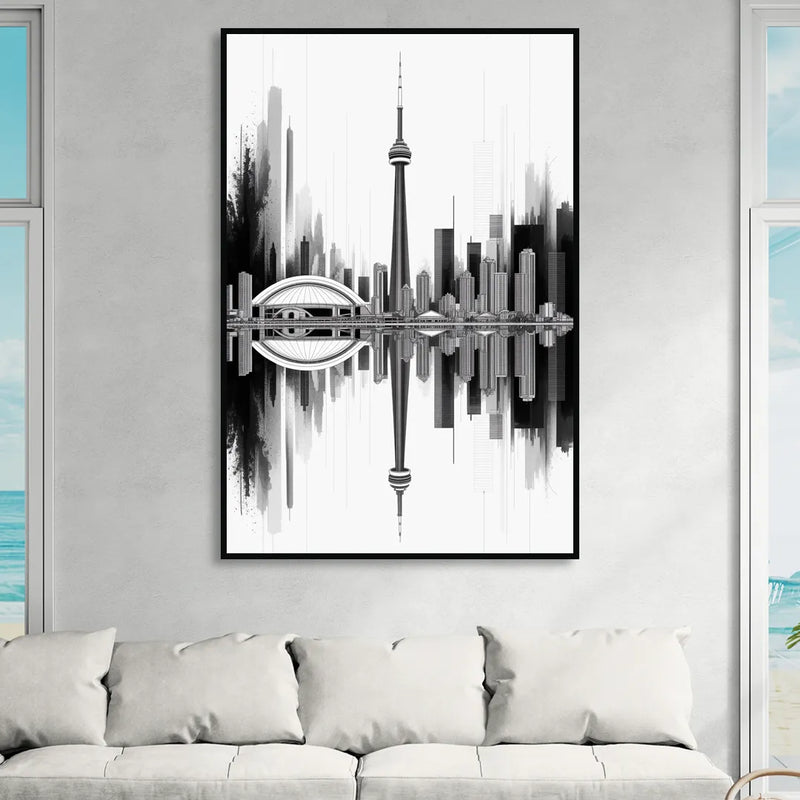Toronto Skyline Black and White Living Room - Black Canvas Wall Art