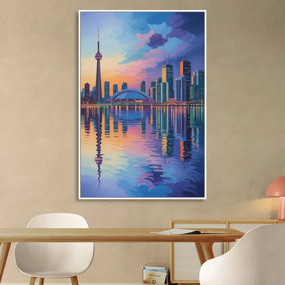 Toronto Skyline Evening Glow Sitting Room - White Canvas Wall Art