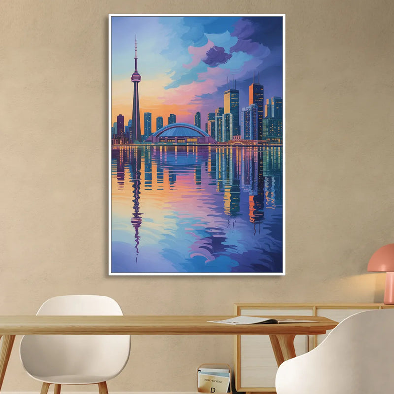 Toronto Skyline Evening Glow Sitting Room - White Canvas Wall Art