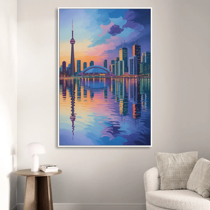 Toronto Skyline Evening Glow Living Room - White Canvas Wall Art