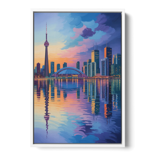 Toronto Skyline Evening Glow - White Framed Canvas Wall Art - Front