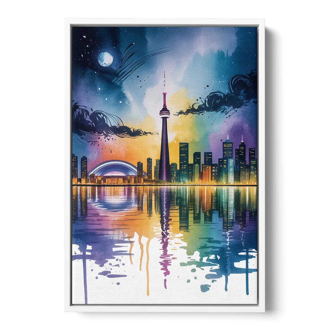 Toronto Skyline at Night Front - White Canvas Wall Art