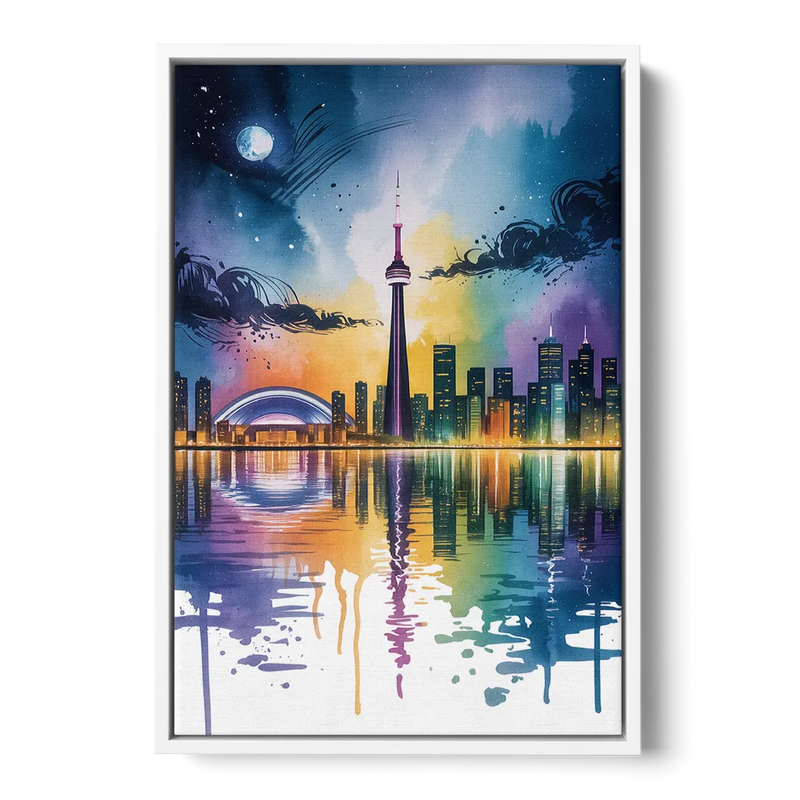 Toronto Skyline at Night Front - White Canvas Wall Art
