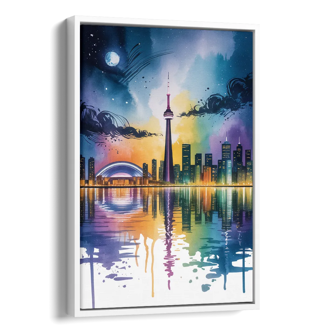 Toronto Skyline at Night Side - White Canvas Wall Art