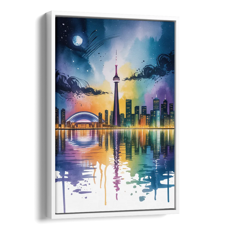 Toronto Skyline at Night Side - White Canvas Wall Art