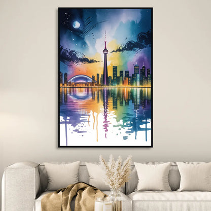 Toronto Skyline at Night Sitting Room - Black Canvas Wall Art