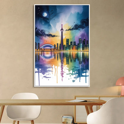 Toronto Skyline at Night Living Room - White Canvas Wall Art