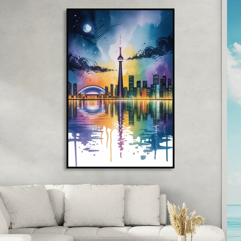 Toronto Skyline at Night Living Room - Black Canvas Wall Art
