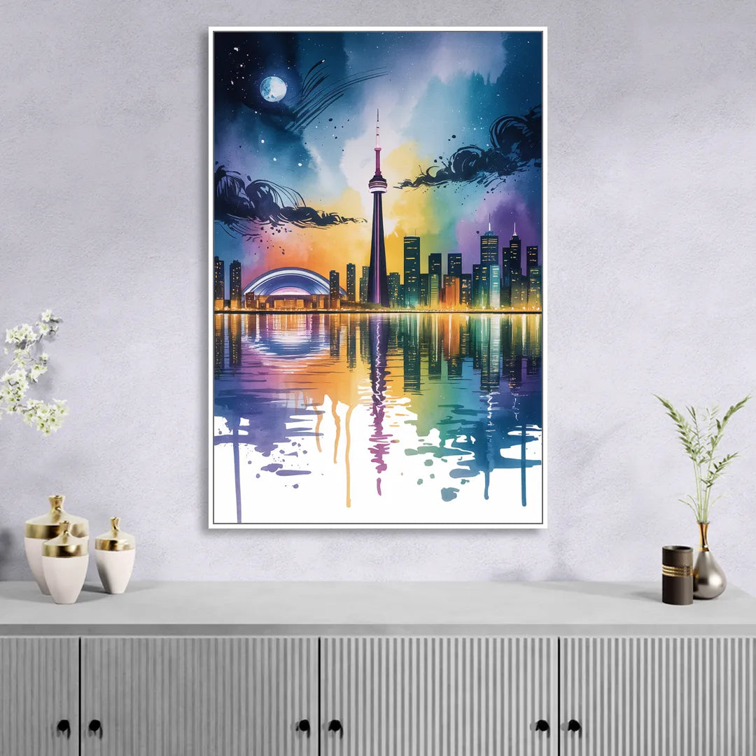 Toronto Skyline at Night Sitting Room - White Canvas Wall Art