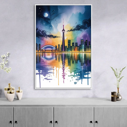 Toronto Skyline at Night Sitting Room - White Canvas Wall Art