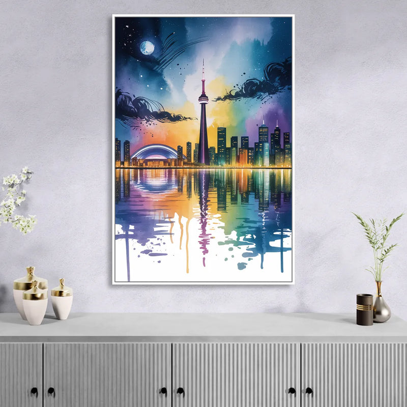 Toronto Skyline at Night Sitting Room - White Canvas Wall Art