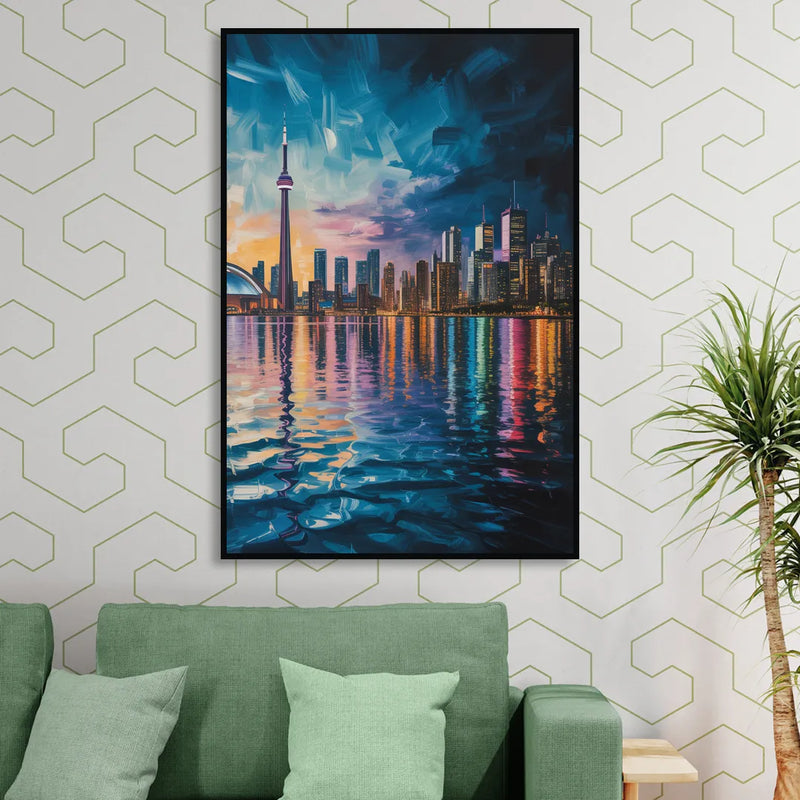 Toronto Skyline at Night Watercolor Sitting Room - Black Canvas Wall Art