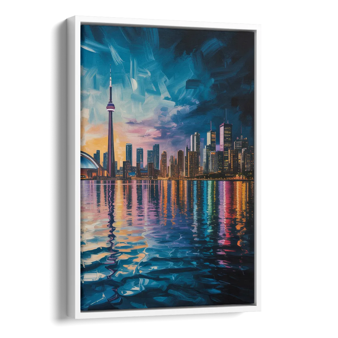Toronto Skyline at Night Watercolor Side - White Canvas Wall Art