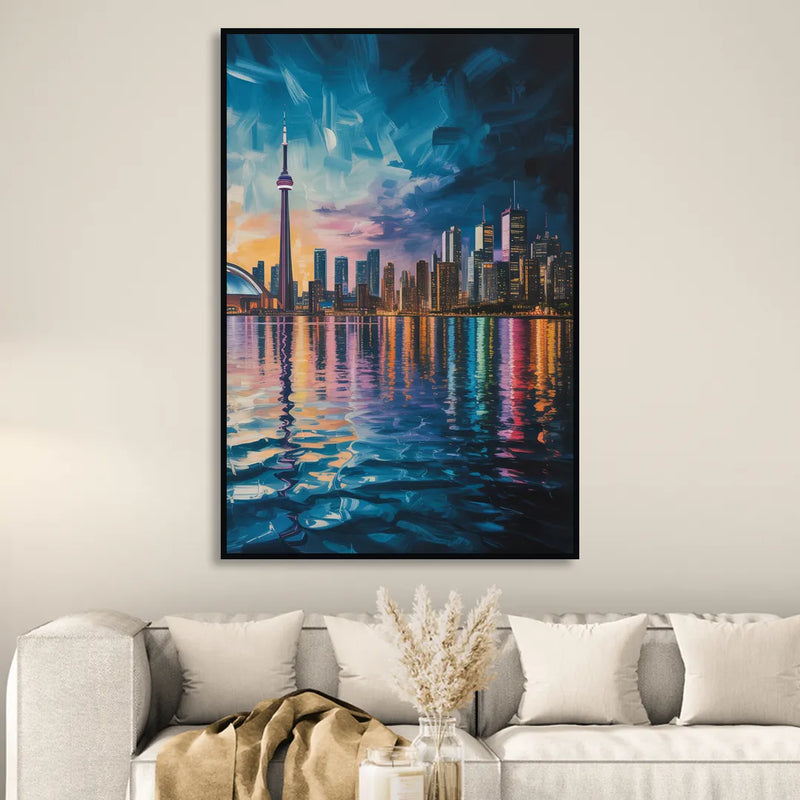 Toronto Skyline at Night Watercolor Living Room - Black Canvas Wall Art