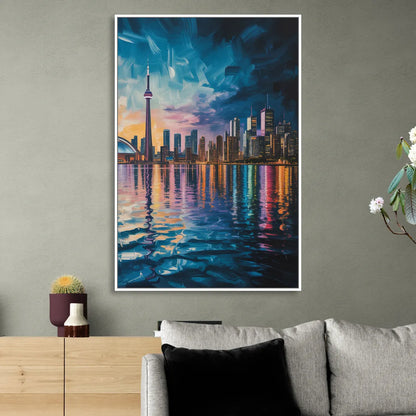 Toronto Skyline at Night Watercolor Sitting Room - White Canvas Wall Art