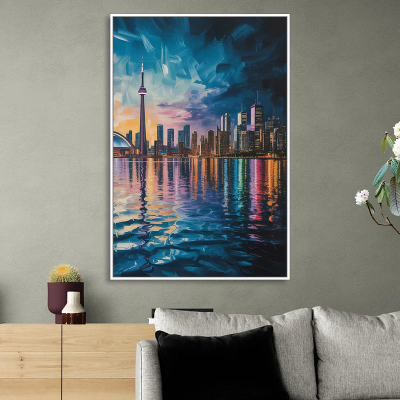 Toronto Skyline at Night Watercolor Sitting Room - White Canvas Wall Art