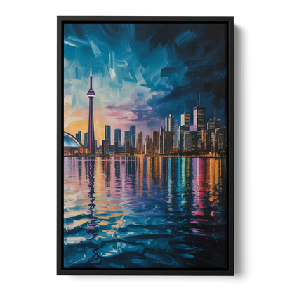 Toronto Skyline at Night Watercolor Front - Black Canvas Wall Art