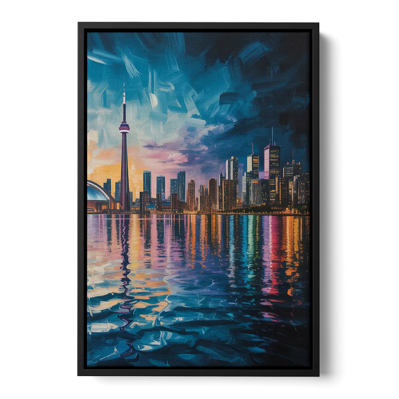Toronto Skyline at Night Watercolor Front - Black Canvas Wall Art