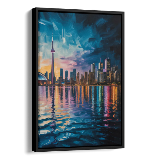 Toronto Skyline at Night Watercolor Side - Black Canvas Wall Art