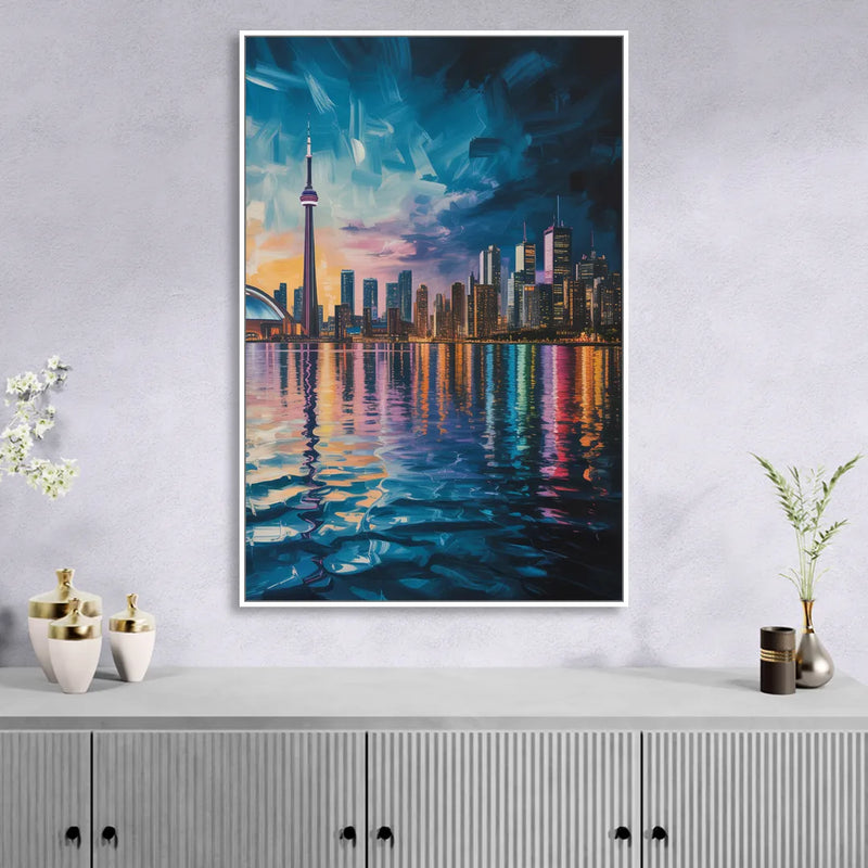 Toronto Skyline at Night Watercolor Living Room - White Canvas Wall Art