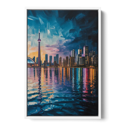 Toronto Skyline at Night Watercolor Front - White Canvas Wall Art