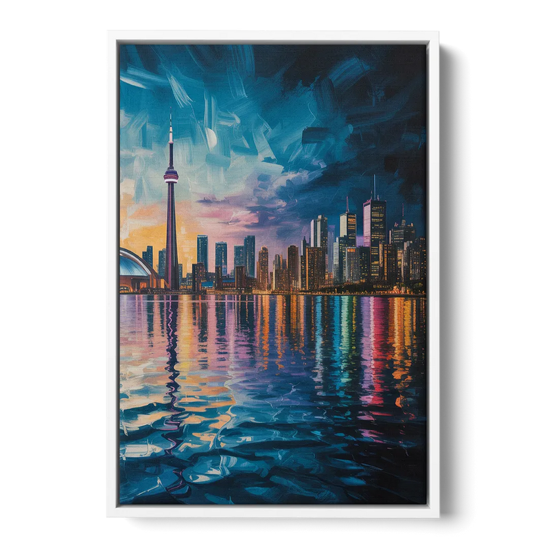 Toronto Skyline at Night Watercolor Front - White Canvas Wall Art